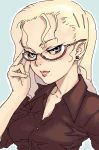  1girl adjusting_glasses blonde_hair blue_eyes brown-framed_eyewear collared_shirt ear_studs earrings glasses hijiri_rei jewelry ji_(artist) lips lipstick long_hair lowres makeup mole mole_under_mouth oekaki outline semi-rimless_glasses shirt simple_background solo stud_earrings under-rim_glasses upper_body 