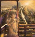  1girl brown_eyes brown_hair outdoors ponytail railroad_tracks scenery sky solo sunset teikoku_shounen train 
