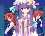  3girls ^_^ bat_wings bow breasts closed_eyes dual_persona female head_wings kieyza koakuma large_breasts lowres multiple_girls patchouli_knowledge pink_bow purple_hair redhead the_embodiment_of_scarlet_devil touhou wings 