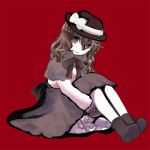  1girl bow brown_eyes brown_hair dress female ghostly_field_club hat hatomugi_munmun leg_hug lowres sitting solo syoujyo-zukin touhou usami_renko 