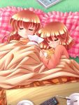  2girls cat frilled_pillow frills kotatsu kotetsu multiple_girls original pillow siblings sisters sleeping table zan 