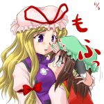  2girls animal_ears bespectacled between_breasts blonde_hair breasts brown_hair cat_ears chen earrings female glasses hat head_between_breasts hug jewelry lowres multiple_girls sasuke_(sasuke_no_sato) simple_background touhou violet_eyes yakumo_yukari you_gonna_get_raped 