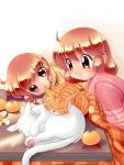  2girls cat food fruit mandarin_orange multiple_girls original siblings sisters table tangerines zan 