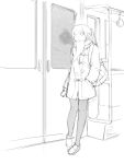  1girl coat ground_vehicle monochrome ooji pantyhose scarf sketch solo train train_interior 