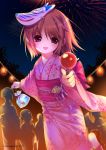  1girl aerial_fireworks bad_id bag candy_apple dmyotic festival fireworks fish fox_mask goldfish japanese_clothes kimono mask mask_on_head night obi sash shirahane_nao solo_focus yukata 