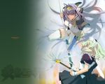  2girls antenna_hair armor blade green_hair hairband long_hair maid mouri_teru multiple_girls naginata orion_(orionproject) polearm purple_hair rance_(series) sengoku_rance senhime spear thigh-highs very_long_hair violet_eyes wallpaper weapon 