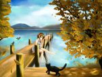  1girl autumn barefoot bird blue_eyes brown_hair cat chiko_(artist) chiko_(kanhogo) dock feet_in_water leaf soaking_feet solo water 