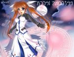  1girl amicis artist_name brown_hair dress fingerless_gloves gloves long_hair lyrical_nanoha magic_circle magical_girl mahou_shoujo_lyrical_nanoha mahou_shoujo_lyrical_nanoha_strikers moon night night_sky redhead shoes sky solo takamachi_nanoha twintails violet_eyes winged_shoes wings 
