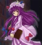  1girl book bow crescent dress female hair_bow hat matching_hair/eyes mob_cap patchouli_knowledge purple_hair solo striped striped_dress touhou vertical_stripes violet_eyes 
