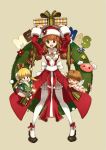  &gt;_&lt; 1boy 2girls :d angel_wings blonde_hair brown_hair christmas closed_eyes cross frilled_legwear gift greek_cross hat high_priest high_priestess holding holding_gift holly legs multiple_girls open_mouth orange_hair priest priestess ragnarok_online ribbon santa_costume santa_hat shoes smile standing suspenders thigh-highs tiv twintails white_legwear wings xd 