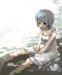  1girl black_eyes blue_hair bow hair_bow ice murakami murakami_mame original partially_submerged short_hair sitting skirt solo v_arms water white_skirt 