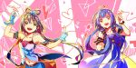  2girls :d ahoge blue_dress blue_hair dress feng_you gloves green_eyes hair_ornament heart heart_of_string index_finger_raised long_hair looking_to_the_side luo_tianyi midriff multiple_girls open_mouth pink_background purple_hair red_string smile star star_hair_ornament stellated_octahedron string triangle twintails very_long_hair vocaloid xingchen 