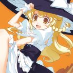  1girl blonde_hair broom broom_riding female hand_on_headwear hat kirisame_marisa lowres shingo_(missing_link) solo touhou witch witch_hat 
