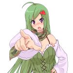  1girl ahoge aliasing amayu annoyed bare_shoulders blush detached_sleeves finger_pointing green_hair heart long_hair looking_at_viewer mad_face open_mouth pointing pointing_at_viewer ragnarok_online ranger ranger_(ragnarok_online) simple_background solo violet_eyes white_background 