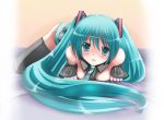  1girl blue_eyes blue_hair breasts breasts_outside hatsune_miku long_hair panties sawamura_nayu solo striped striped_panties thigh-highs twintails underwear very_long_hair vocaloid 