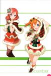  2girls absurdres belt blue_eyes blush boots bow brown_legwear capelet dress frills fur_trim hair_ornament highres holding hood kousaka_honoka looking_at_viewer love_live! love_live!_school_idol_festival love_live!_school_idol_project multiple_girls nishikino_maki one_eye_closed orange_hair redhead ribbon scan short_dress side_ponytail smile thigh-highs violet_eyes zettai_ryouiki 