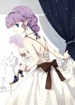  1girl bad_id bangs blue_eyes bow bracelet curly_hair curtains dj_max dj_max_portable dress drill_hair earrings eyelashes gown heart high_heels jewelry lace ladymade_star looking_back mannequin necklace original purple_hair ribbon seha shoes solo tiara tiv white_dress 