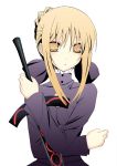  1girl anii blonde_hair dark_excalibur fate/stay_night fate_(series) saber saber_alter simple_background solo spiral_ladder sword weapon yellow_eyes 