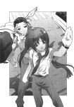  1girl 2boys :o arm_up crosswalk highres long_hair looking_at_viewer monochrome multiple_boys open_mouth outdoors owari_no_chronicle ponytail road sadagiru_shinjou satoyasu sayama_mikoto shinjou_sadagiri shinjou_setsu shirt short_sleeves standing street t-shirt 