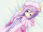  1girl bed bow crescent crescent_hair_ornament female hair_ornament hair_ribbon hat long_hair lying moon patchouli_knowledge pink_bow purple_hair ribbon robe solo touhou violet_eyes 