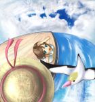  1girl bird blue_eyes brown_hair chiko_(artist) chiko_(kanhogo) fisheye from_above hand_on_head hat hat_removed headwear_removed open_mouth solo sun_hat 