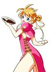  1girl ahoge bangs baozi blonde_hair blue_eyes china_dress chinese_clothes dj_max dj_max_portable double_bun dress egg food looking_back nikuman noodles open_mouth plate ribbon simple_background solo tari teeth thighs waitress 