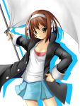  1girl brown_hair flag gakuran hair_ribbon kintarou_(artist) kintarou_(kintarou&#039;s_room) ouendan ribbon school_uniform short_hair solo suzumiya_haruhi suzumiya_haruhi_no_yuuutsu white_flag 