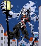  1girl armor blue_eyes bow bowl chopsticks city dress female full_body gauntlets hair_bow lamppost living_hair long_hair lowres mof mof&#039;s_silver_haired_twintailed_girl moon night oekaki original outdoors prehensile_hair silver_hair sky solo twintails very_long_hair weapon 