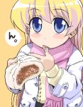  1girl baozi blonde_hair blue_eyes child eating food licking long_hair lowres manjuu nikuman oekaki pani_poni_dash! rebecca_miyamoto scarf solo youkan 