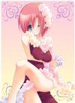  1girl ;d bare_legs breasts card dress gradient gradient_background grin hashimo_yuki holding holding_card large_breasts looking_at_viewer one_eye_closed open_mouth red_dress rio_rollins simple_background sitting smile solo super_blackjack teeth thigh-highs 