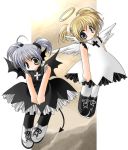  2girls angel angel_and_devil angel_wings bat_wings black_&amp;_white chibi demon demon_girl demon_tail devil halo multiple_girls nekoneko pantyhose siblings sisters tail twins wings 