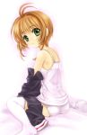  1girl 90s antenna_hair ass bed blush brown_hair camisole card_captor_sakura child flat_chest green_eyes highres kinomoto_sakura kneeling kodansha mutsuki_(moonknives) panties school_uniform serafuku sitting solo thigh-highs underwear undressing wariza 