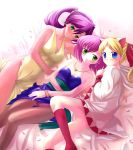  3girls animal_ears bed blonde_hair blue_eyes cat_ears cherry_blossoms dancer faris_scherwiz final_fantasy final_fantasy_v green_eyes krile_mayer_baldesion lenna_charlotte_tycoon long_hair lying multiple_girls panties pantyhose pink_hair purple_hair sarisa_highwind_tycoon short_hair underwear white_mage 