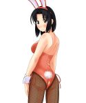  00s 1girl animal_ears ass back bare_back black_eyes black_hair blush breasts bunny_girl bunnysuit cowboy_shot cropped_legs female fishnet_legwear fishnets leotard looking_at_viewer looking_back maria-sama_ga_miteru maria_sama mizuno_youko pantyhose rabbit_ears short_hair simple_background solo strapless toshifumi white_background wrist_cuffs 