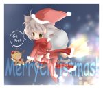  1girl animal_ears broom broom_riding chibi christmas kosumo reindeer rudolph_the_red_nosed_reindeer santa_costume solo thigh-highs 