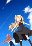  2girls air back-to-back blonde_hair brown_hair happy kamio_haruko kamio_misuzu long_hair multiple_girls namori outstretched_arms sky smile spread_arms 