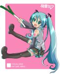  aqua_hair blue_eyes detached_sleeves fang hatsune_miku long_hair massala microphone skirt spring_onion thigh-highs twintails very_long_hair vocaloid zettai_ryouiki 