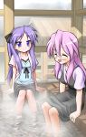  2girls blue_eyes bow closed_eyes collarbone frills g-tetsu glasses hair_ribbon happy highres hiiragi_kagami jacket knees_touching lavender_hair long_hair lucky_star multiple_girls onsen open_mouth pink_hair purple_hair ribbon sitting skirt smile steam takara_miyuki tsurime twintails water 