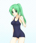  1girl green_eyes green_hair higurashi_no_naku_koro_ni one-piece_swimsuit ponytail school_swimsuit solo sonozaki_mion swimsuit usashiro_mani 
