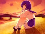  1girl bra-ban! bridge game_cg kobuichi mikage_sumi power_lines purple_hair railroad_tracks red_eyes river school_uniform serafuku short_hair sitting solo sun sunset 