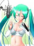  1girl aqua_hair bra closed_eyes detached_sleeves fugetsu_taku green_nails hatsune_miku headset highres lingerie microphone microphone_stand music nail_polish singing solo sports_bra twintails underwear vocaloid 