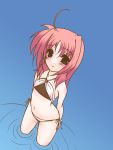  1girl ahoge arched_back arms_behind_back bikini blush caro_ru_lushe dutch_angle frapowa lyrical_nanoha mahou_shoujo_lyrical_nanoha mahou_shoujo_lyrical_nanoha_strikers navel pink_hair side-tie_bikini smile solo swimsuit wading 