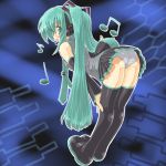  1girl ass bent_over blush dd_(ijigendd) detached_sleeves flat_chest green_eyes green_hair hatsune_miku long_hair microphone miniskirt necktie panties pantyshot skirt solo thigh-highs twintails underwear vocaloid 