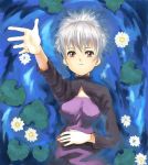  1girl afloat brown_eyes darker_than_black from_above hand_up lily_pad long_sleeves looking_at_viewer looking_up ponytail silver_hair solo spread_fingers upper_body water yamamoto_shima yin 