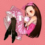  1girl blush boots brown_hair idolmaster minase_iori red_eyes ribbon sakamoto_mineji skirt solo stuffed_animal stuffed_toy 