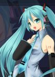  1girl :d aqua_hair black_skirt blue_eyes blue_hair blush collared_shirt detached_sleeves grey_shirt hair_between_eyes hair_ornament hand_on_own_chest hatsune_miku headphones long_hair matching_hair/eyes microphone miniskirt necktie number open_mouth pleated_skirt shirt skirt smile solo tattoo tied_hair twintails upper_body very_long_hair vocaloid zoom_layer 