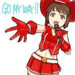  1girl :d bare_shoulders belt blush brown_eyes brown_hair cowboy_shot english gloves hagiwara_yukiho hat idolmaster looking_at_viewer music no_background open_mouth outstretched_arm red_gloves red_hat red_skirt red_vest simple_background singing skirt sleeveless smile solo white_background yu_65026 