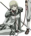  armor bdsm blade blonde_hair bondage bound chains clare_(claymore) claymore claymore_(sword) collar cuffs grey_eyes leash lowres pauldrons shackles short_hair shoulder_pads sitting sword takapico takapiko weapon 