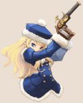  1girl antique_firearm atlus blonde_hair blue_eyes coat firelock fur_trim gun gunner handgun hat long_hair no_legs original pistol pota pota_(nabrinko) sekaiju_no_meikyuu solo weapon 