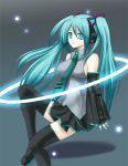  1girl aqua_eyes aqua_hair bare_shoulders black_legwear boots bow detached_sleeves eko green_hair green_necktie hair_bow hair_ribbon hatsune_miku long_hair necktie ribbon sleeves_past_wrists solo thigh-highs thigh_boots twintails very_long_hair vocaloid zettai_ryouiki 